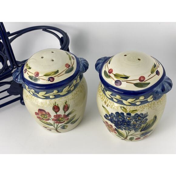 CIC Vintage Large Floral Salt and Pepper Shaker Set w Carrier/Holder - Picture 7 of 14